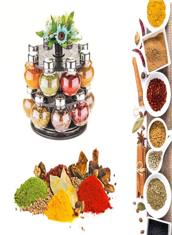 PERDIA Multipurpose Plastic Big Revolving Spice Rack 16 in 1 Masala Rack Set Condiment Set Spice Container Tabletop Jar Bottle Spice Rack Unbreakable Kitchen Shelves (Black) - Image 2